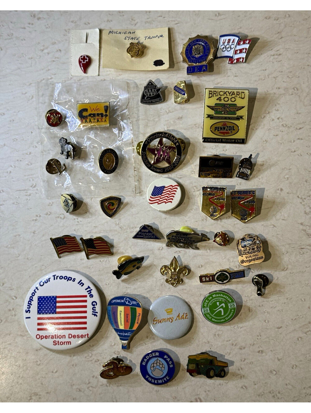 Vintage Lapel Pin Button Lot 37 AT&T Olympics Brickyard 400 Desert Storm Police